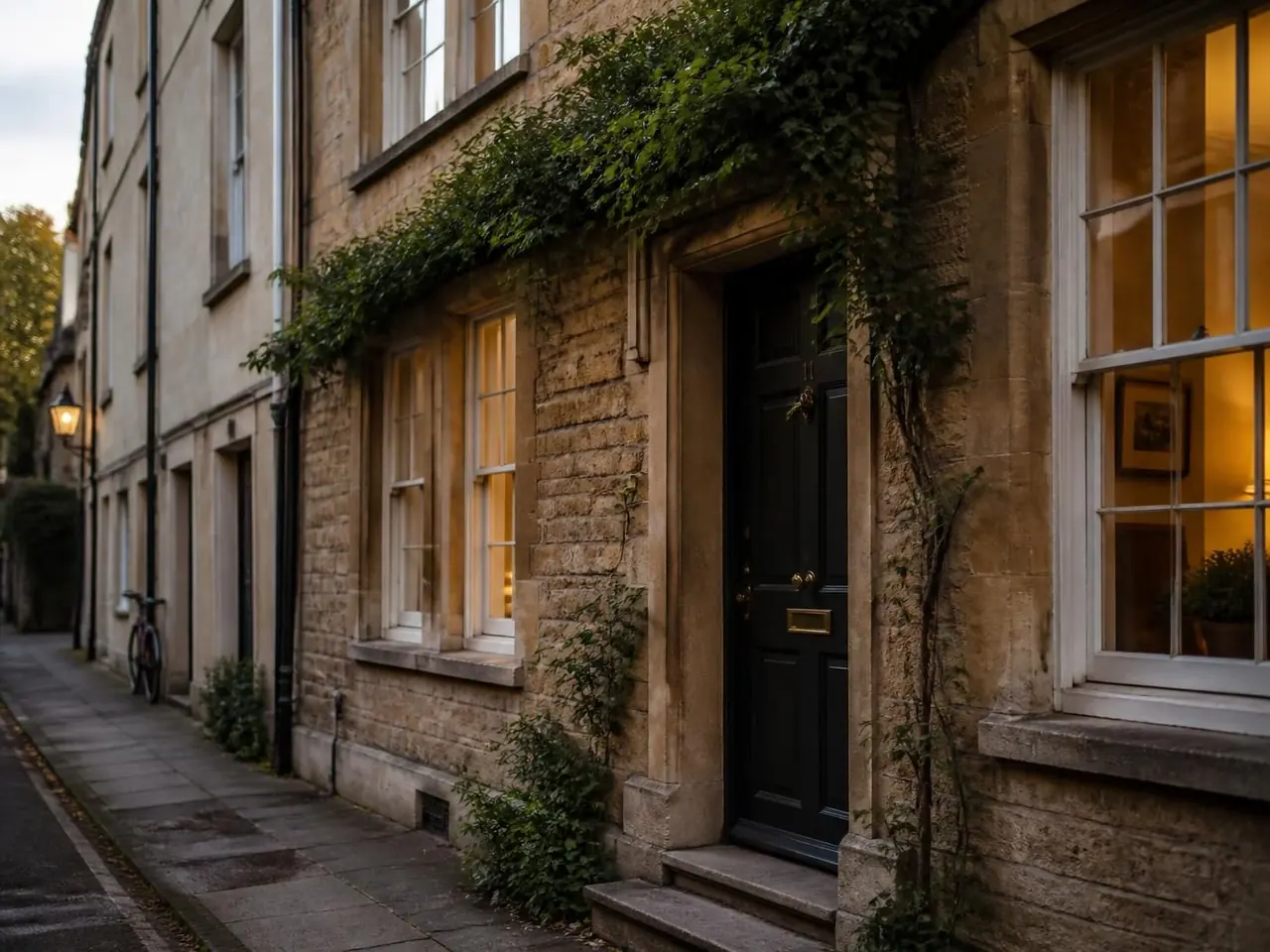 Period Oxford townhouse with a dark front door and warm lit windows at dusk