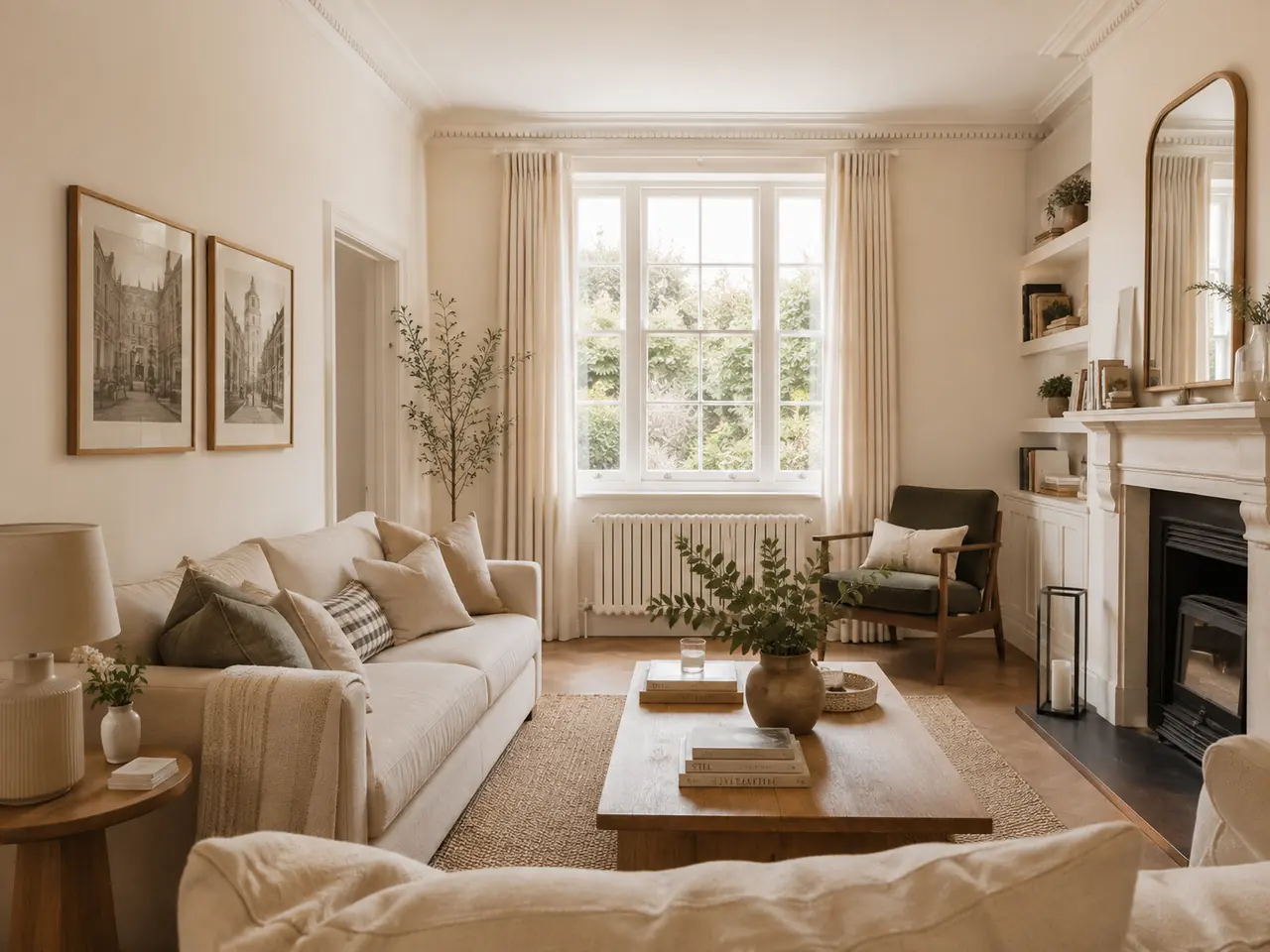 Bright, softly furnished living room in an Oxford townhouse