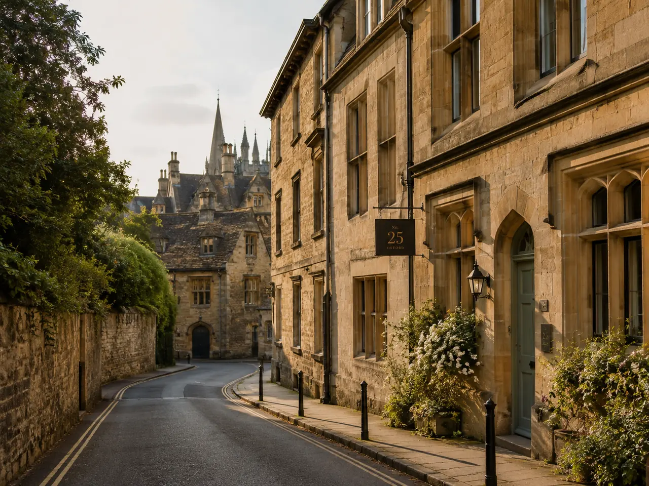 Golden stone street in central Oxford at first light