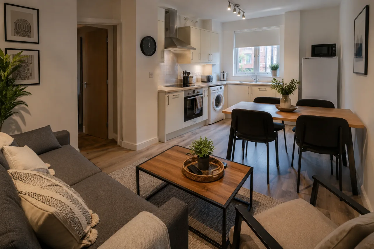 Open-plan living and dining space in a managed Oxfordshire short-let, with a grey sofa, dining table and compact kitchen