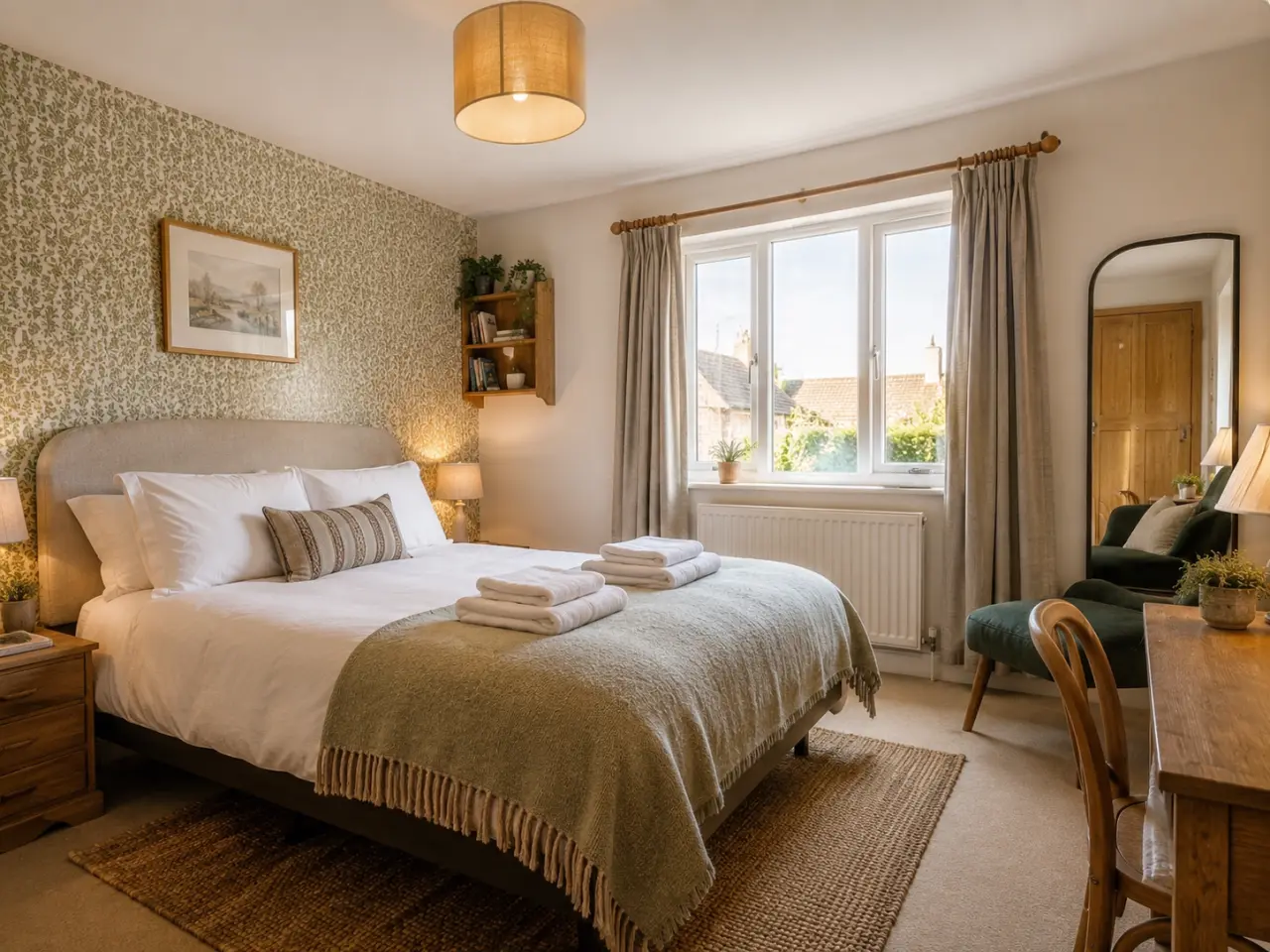 Guest bedroom in an Oxfordshire short-let, with patterned feature wall, folded towels and a green throw on the bed