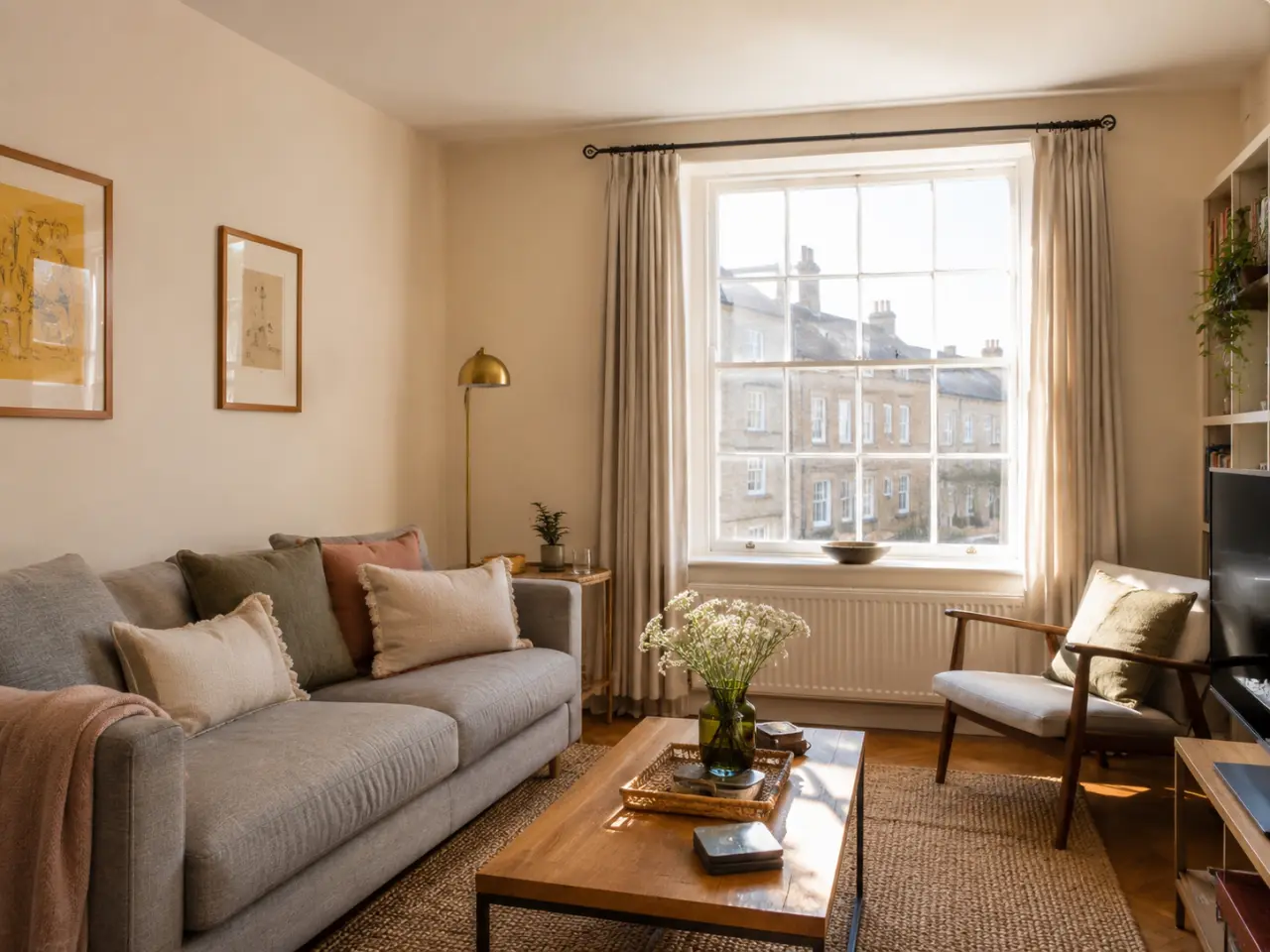 Sunlit sitting room in an Oxford short-let, with a grey sofa, framed prints and a sash window overlooking stone houses