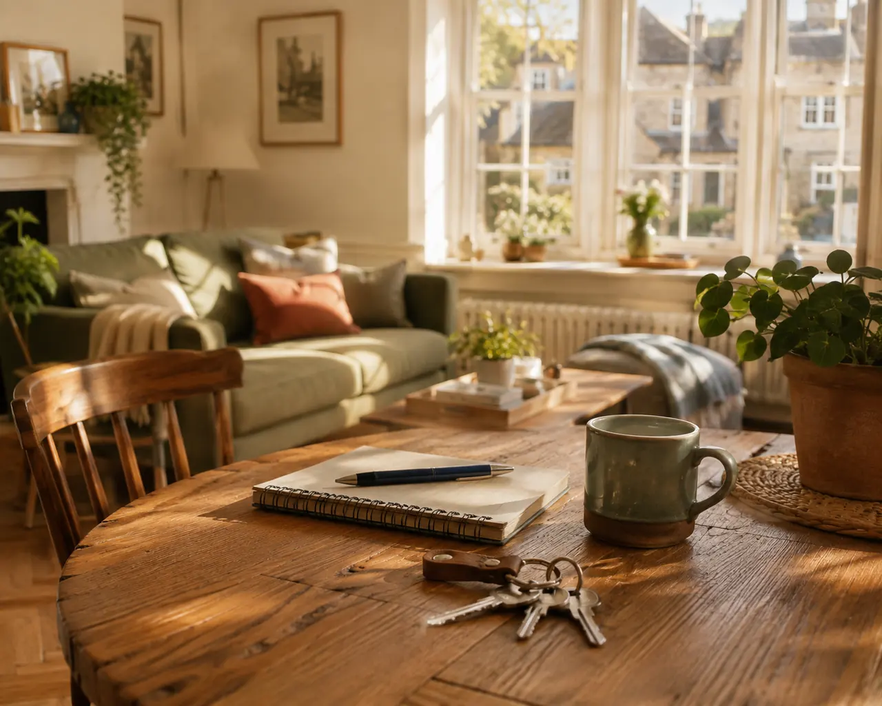 Keys, a notebook and a coffee cup on a kitchen table in a sunlit Oxfordshire home